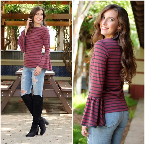 ✨LAST ONE ✨ Burgundy Gray Striped Bell Sleeve Top - Picture 3 of 3